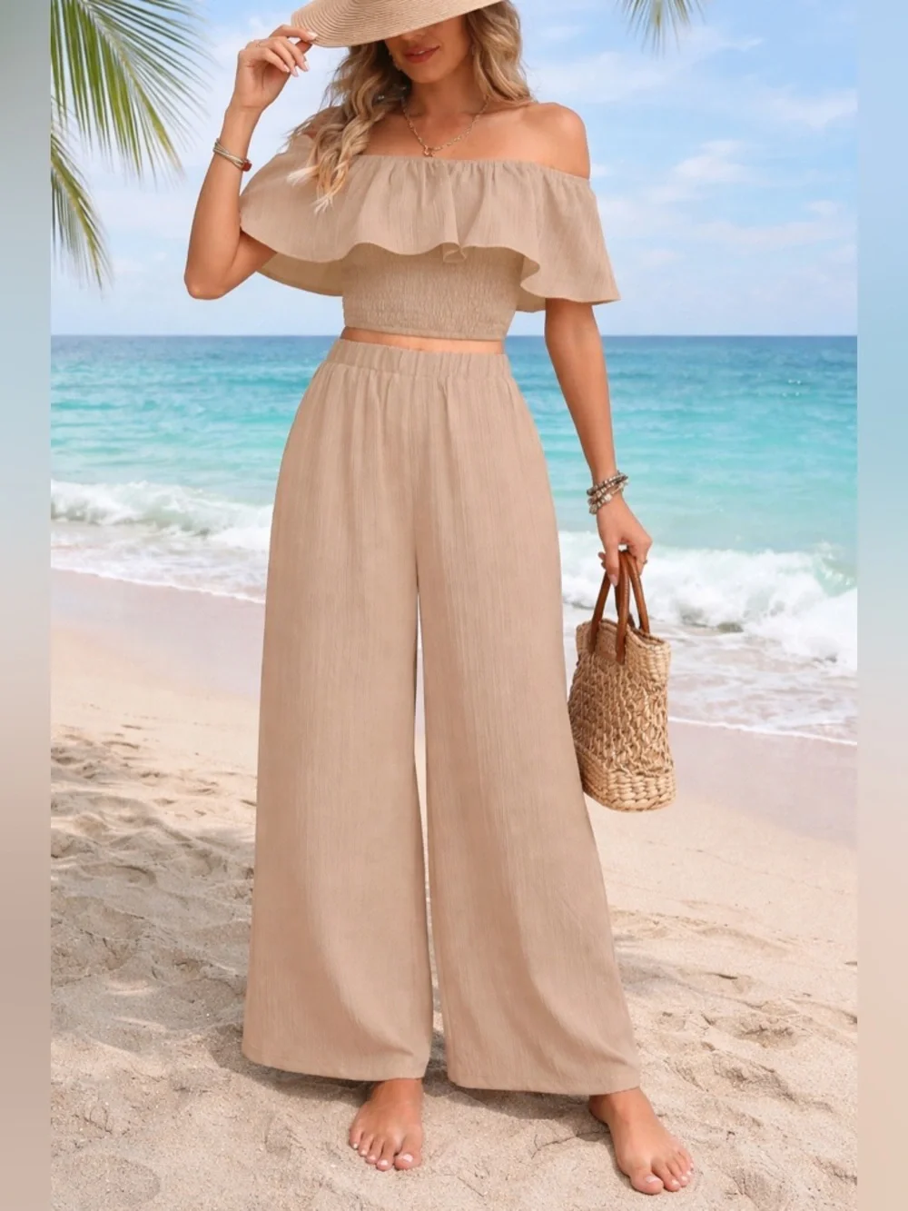 Women’s Off-Shoulder Wide Leg Jumpsuit - Beige